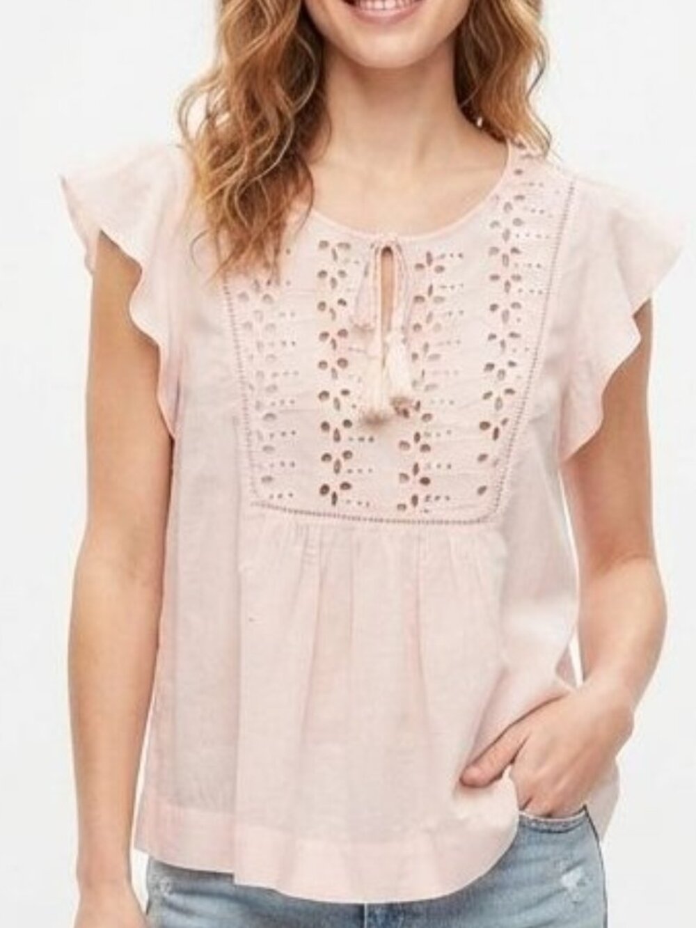 GAP Pale Peach Eyelet Embroidered Flutter Sleeve Tassel Top Blouse Size Large